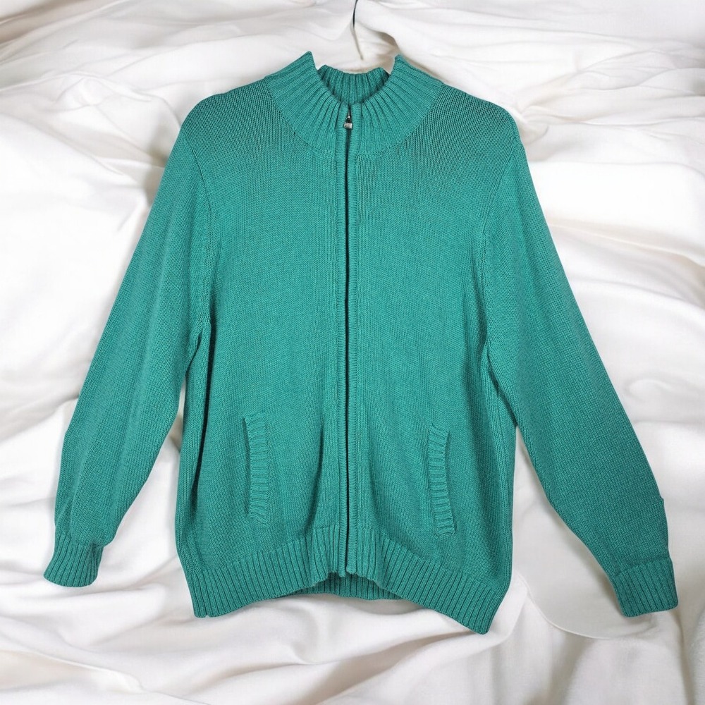 Appleseed's Womens 1X Green‎ Full Zip Knit Cardigan Sweater Pockets Mock Neck